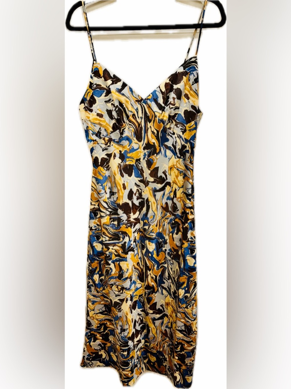 Abstract Marble Print Slip Dress in Blue, Mustard & Black
